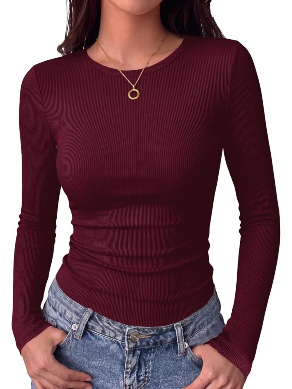 Women's Wine Red Ribbed Knit Basic Crewneck Long Sleeve Slim Fit Trendy T-Shirt